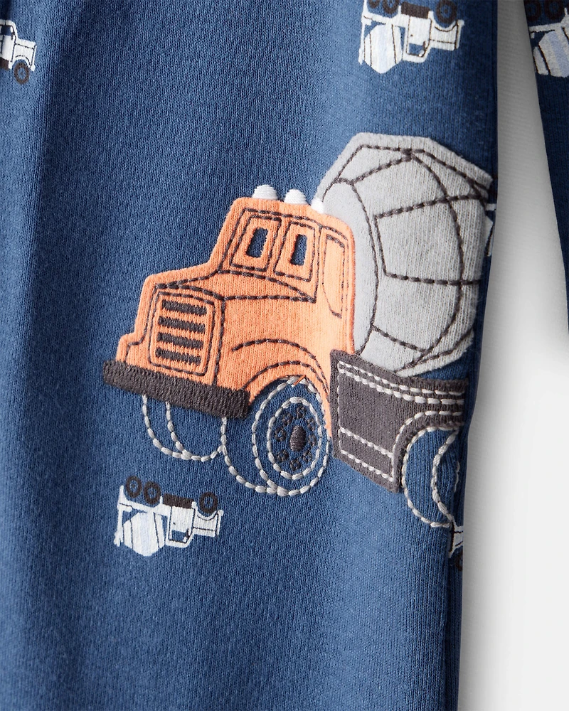 Baby Boy Construction Print 100% Cotton Long-Sleeve 2-Way Zip 1-Piece Pyjamas - Blue