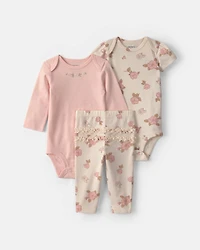 Baby Girl 3-Piece Flowers Bodysuit & Pant Set - Pink/Ivory