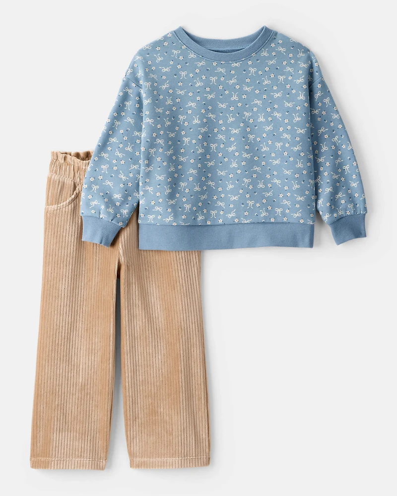 Toddler Girl 2-Piece Bow Crewneck and Corduroy Wide Leg Pants
