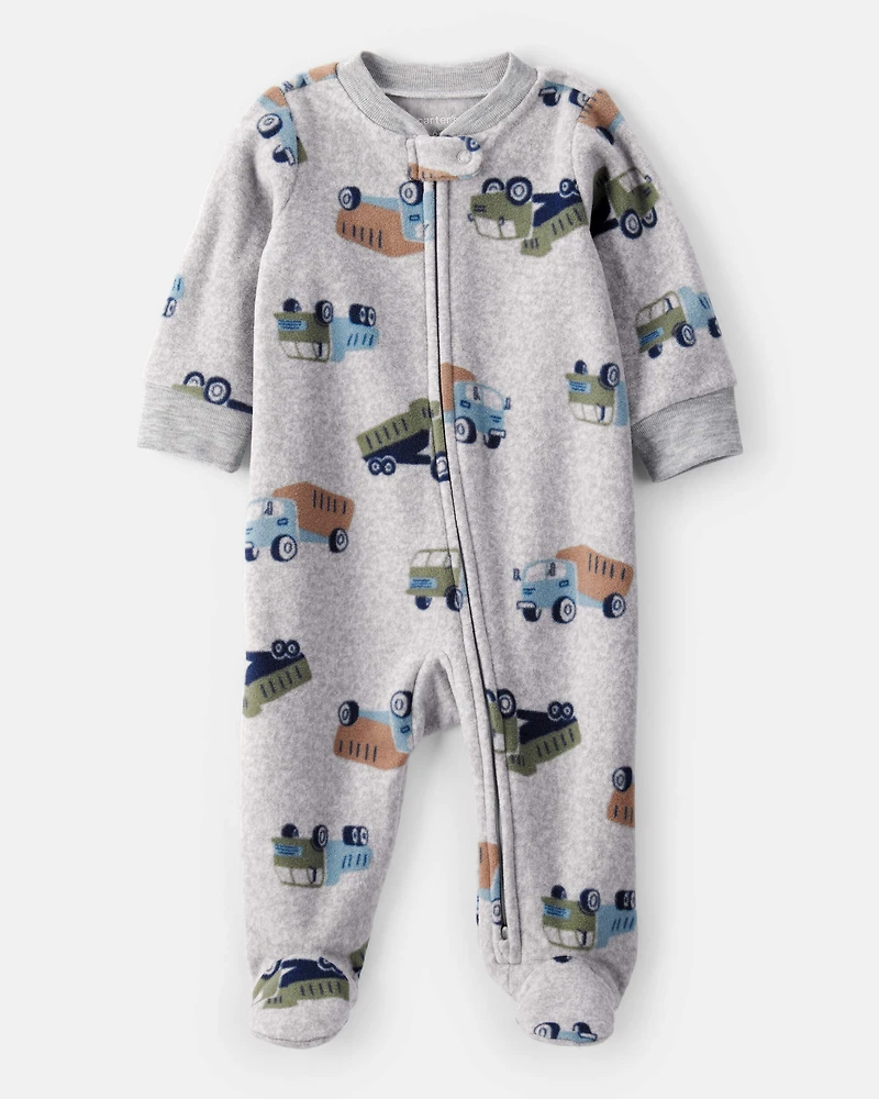 Baby Boy Construction Truck Print Loose Fit Long-Sleeve Sleeper - Grey