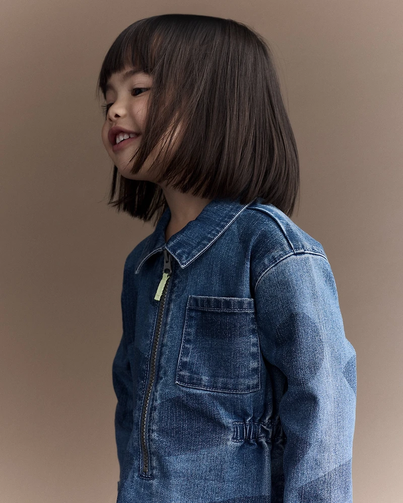 Toddler Girl Zip-Up Denim Shirt Dress with Shapes - Blue