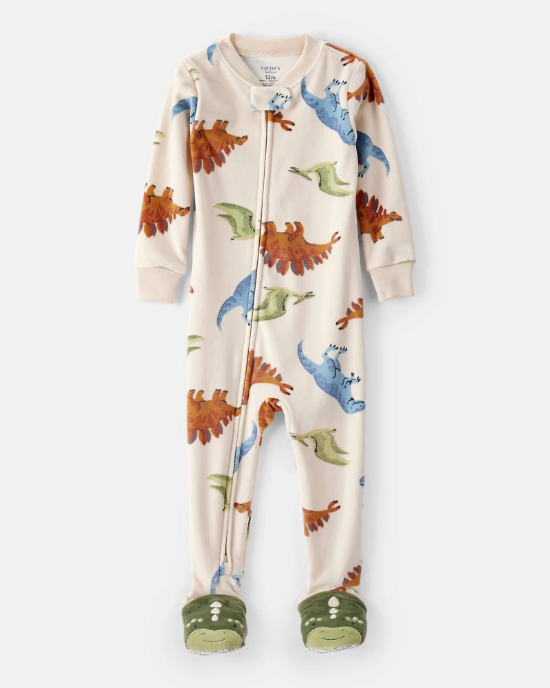 Baby Boy Dinosaur Print DreamPlush Snug Fit Long-Sleeve 2-Way Zip 1-Piece pyjamas - White