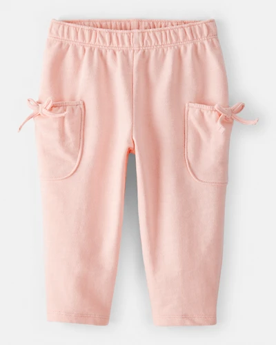 Baby Girl Bow Pocket French Terry Pants - Coral