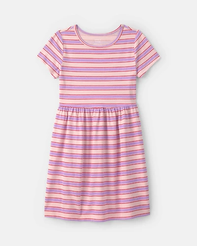 Girls Striped Short-Sleeve Dress - Pink