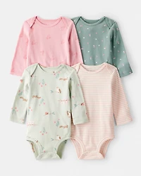 Baby Girl 4-Pack Owl Print Cotton Long-Sleeve Multipack Bodysuits - Green/Pink/White