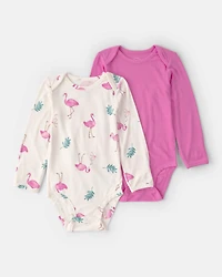 Baby Girl 2-Pack Flamingo PurelySoft Long-Sleeve Multipack Bodysuits - Pink/Ivory