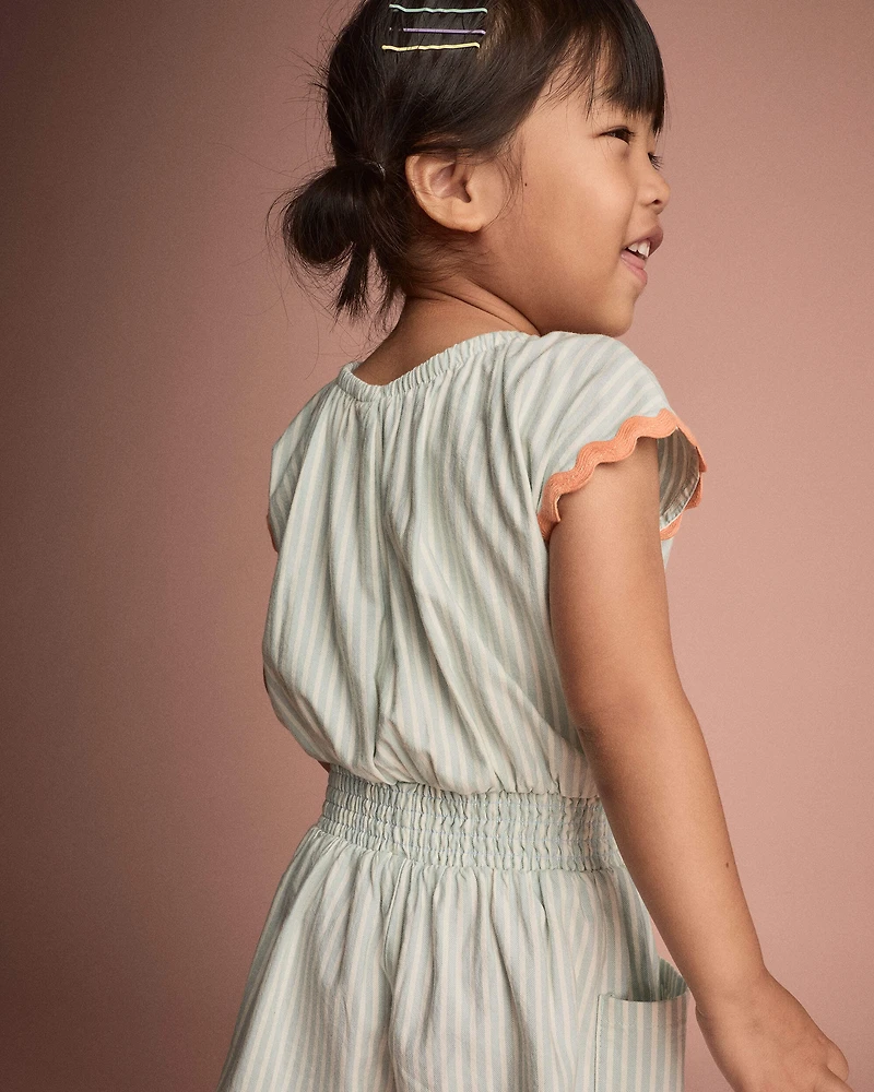 Toddler Girl Swing Romper with Pockets Stripes- Light Blue
