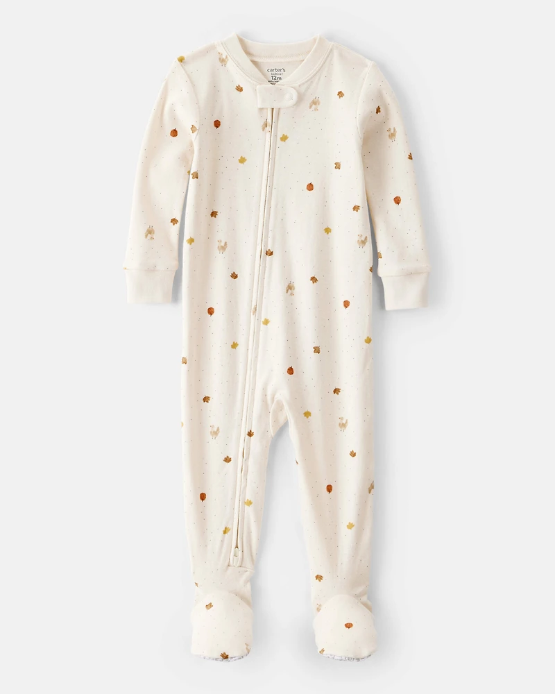 Baby Thanksgiving Print 100% Cotton Long-Sleeve 2-Way Zip Footed 1-Piece Pyjamas - White