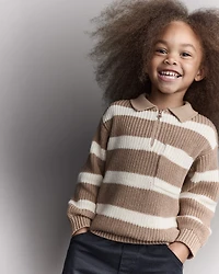 Toddler Boy Striped Quarter-Zip Sweater - Tan/White