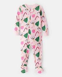 Toddler Girl Christmas Ornament Print 100% Cotton Long-Sleeve 2-Way Zip 1-Piece Pyjamas - Pink