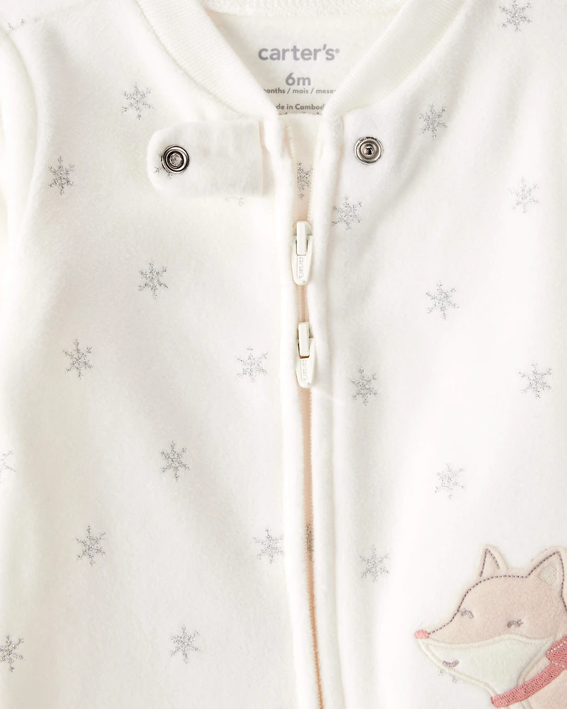 Baby Girl Fox Sparkle Print Loose Fit Long-Sleeve Sleeper - White