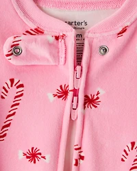 Baby Girl Peppermint Print Velour Long-Sleeve Loose Fit 1-Piece pyjamas - Pink