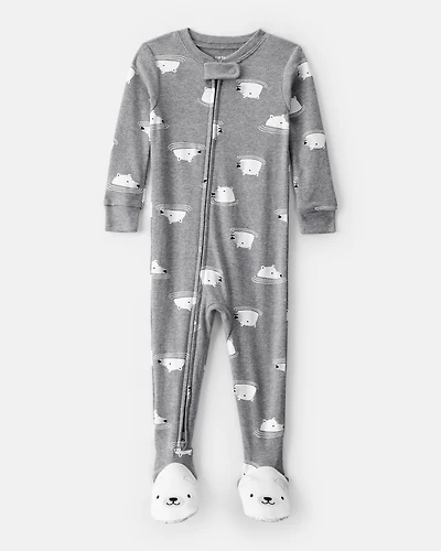 Baby Boy Polar Bear Cotton Snug Fit 2-Way Zip Footie 1-Piece Pyjamas - Grey