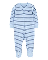 Baby Boy Rhino Striped 2-Way Zip Cotton Sleeper Pyjamas - Blue