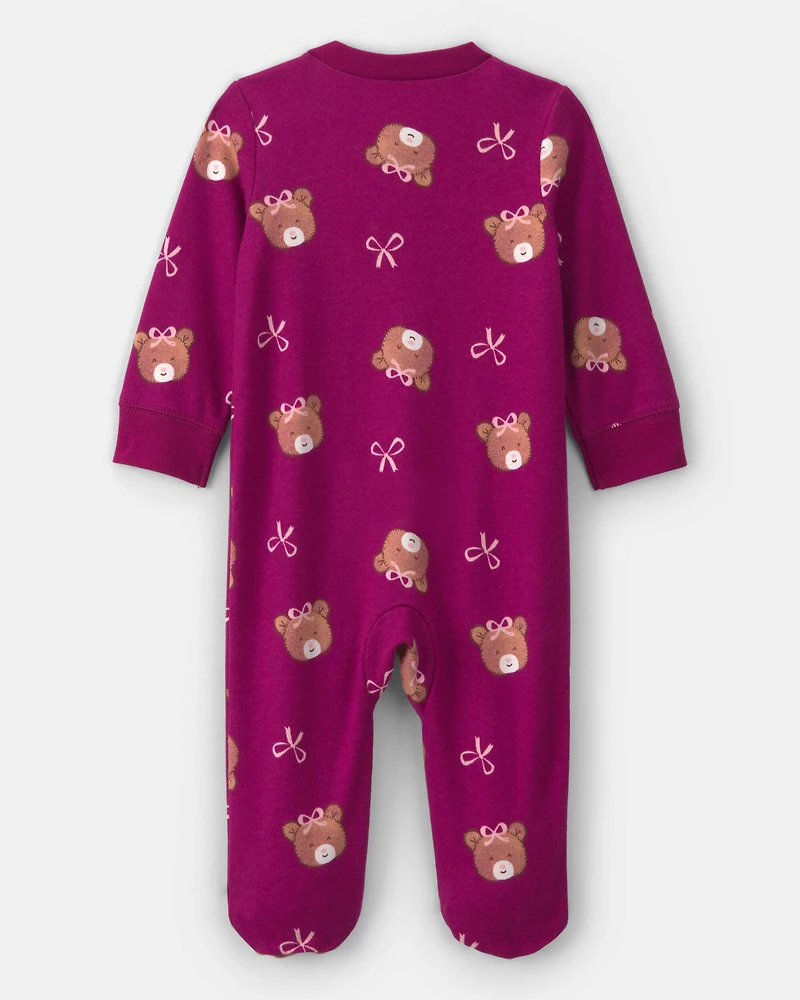 Baby Girl Bear 100% Cotton 2-Way Zip Sleeper - Purple