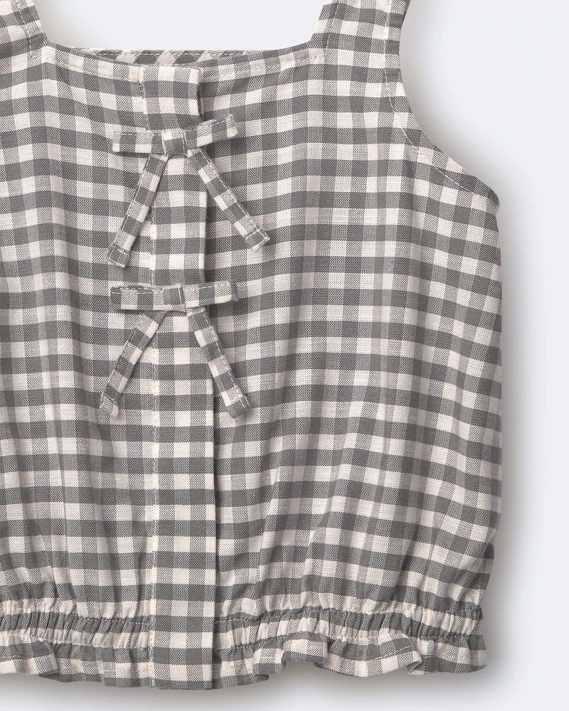 Toddler Girl Gingham Peplum Top with Bows - Cream/Grey