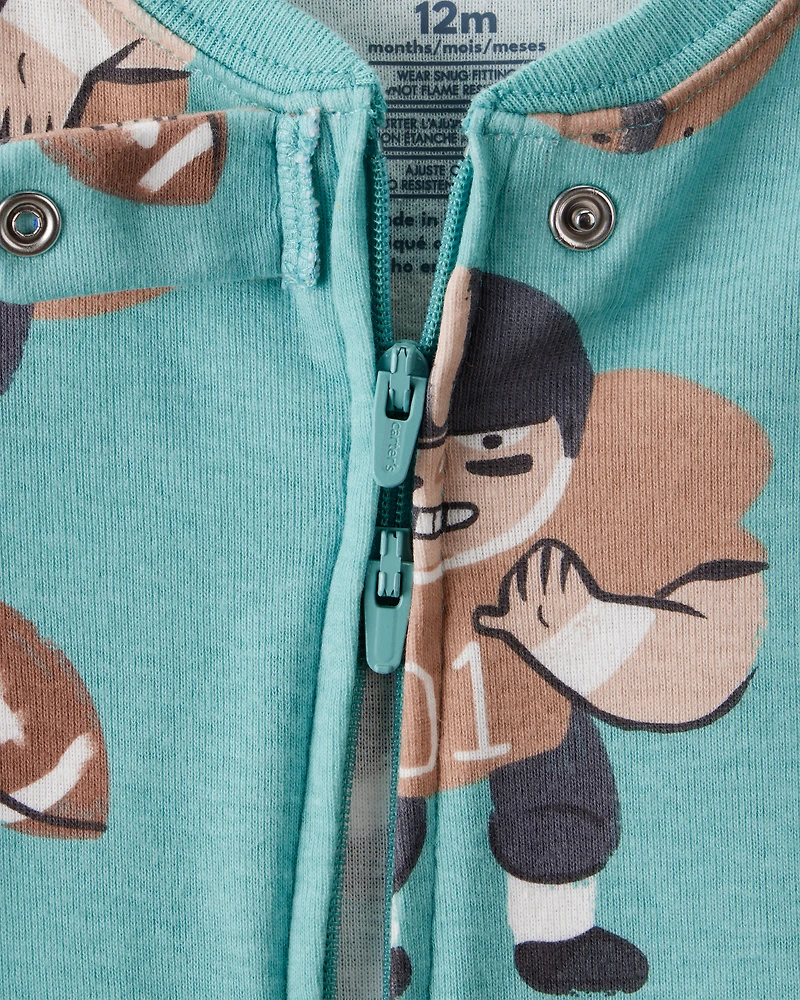 Baby Boy Football Print 100% Cotton Long-Sleeve 2-Way Zip 1-Piece Pyjamas - Green