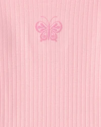 Girls Butterfly Rib Snug Fit 2-Piece Pyjama Set - Pink