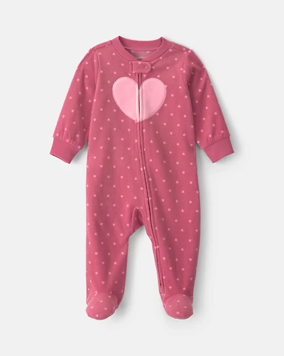 Baby Girl Heart Fleece 2-Way Zip Sleeper - Pink