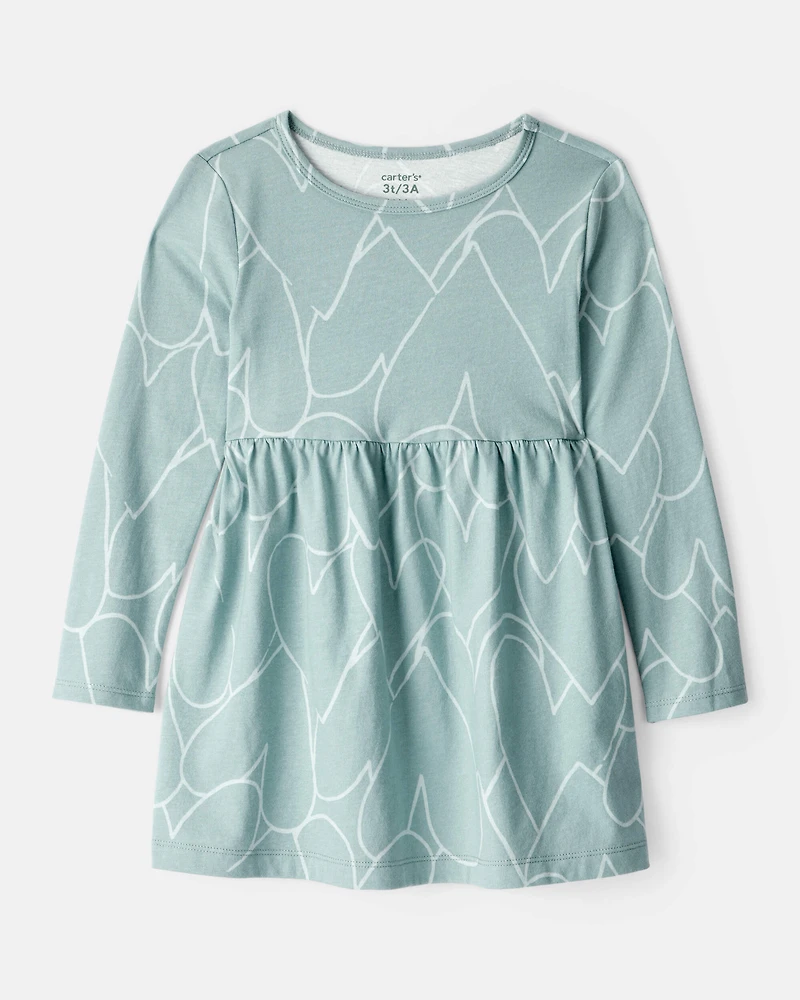 Toddler Girl Heart Print Long Sleeve Cotton Dress - Green