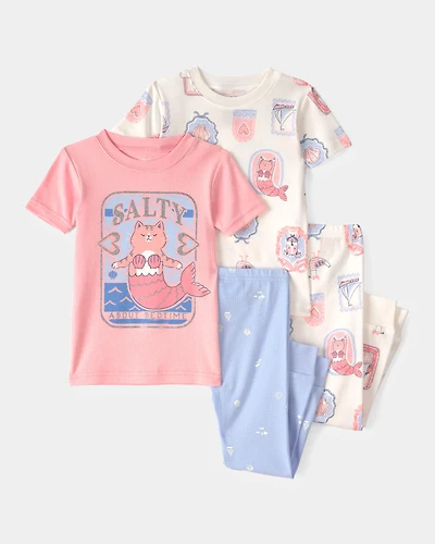 Toddler Girl Mermaid Cat 100% Cotton Snug Fit 4-Piece Pyjama Set - Pink/Ivory