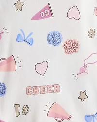 Girls Cheerleading Print 100% Cotton Long-Sleeve 4-Piece Pyjamas - White/Pink