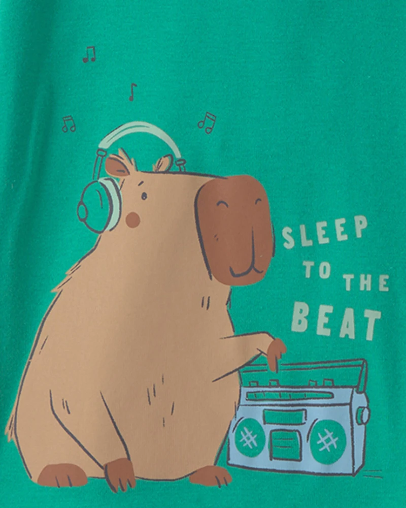 Toddler Boy Capybara 100% Cotton 4-Piece Pyjama Set - Green/Ivory