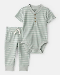 Baby Boy Stripe Thermal Bodysuit & Pant Set - Green