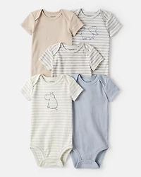 Baby Boy 5-Pack Hippo Multipack Bodysuits - Brown/Blue/White