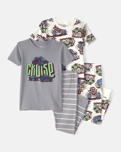 Toddler Boy Monster Truck 100% Cotton Snug Fit 4-Piece Pyjama Set - Grey