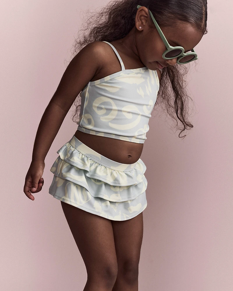 Toddler Girl Tropical One-Shoulder Ruffle Tankini Set - Sage