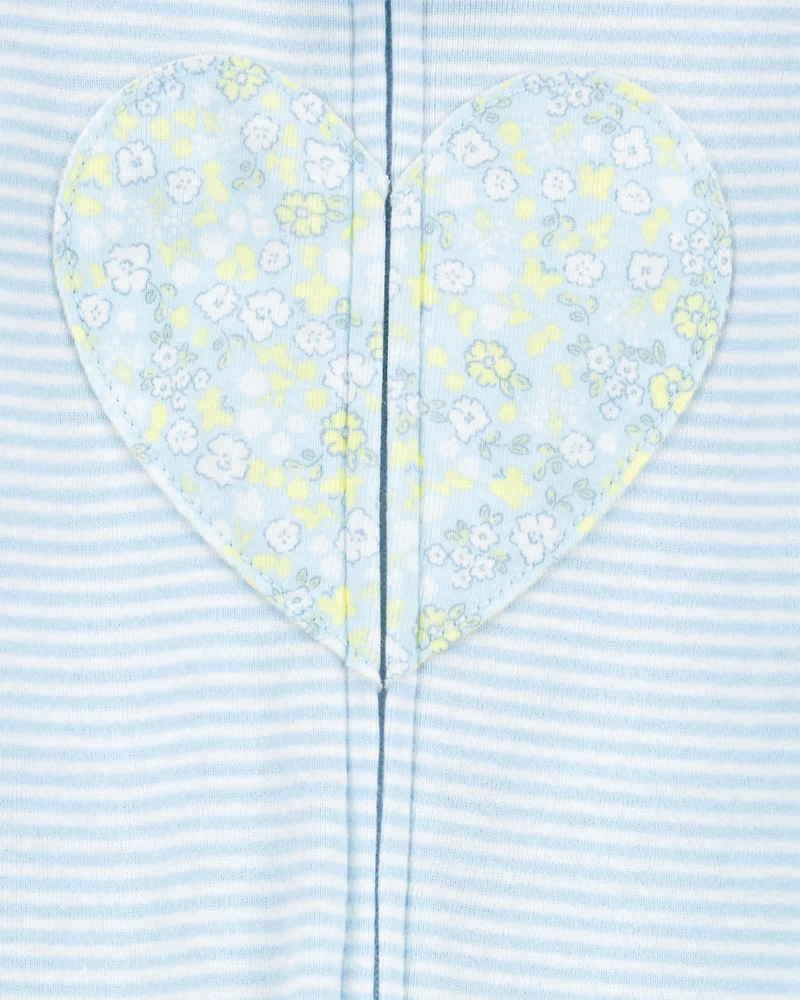 Baby Girl Heart Striped Snug Fit Cotton Footie 1-Piece Pyjamas - Blue