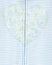Baby Girl Heart Striped Snug Fit Cotton Footie 1-Piece Pyjamas - Blue