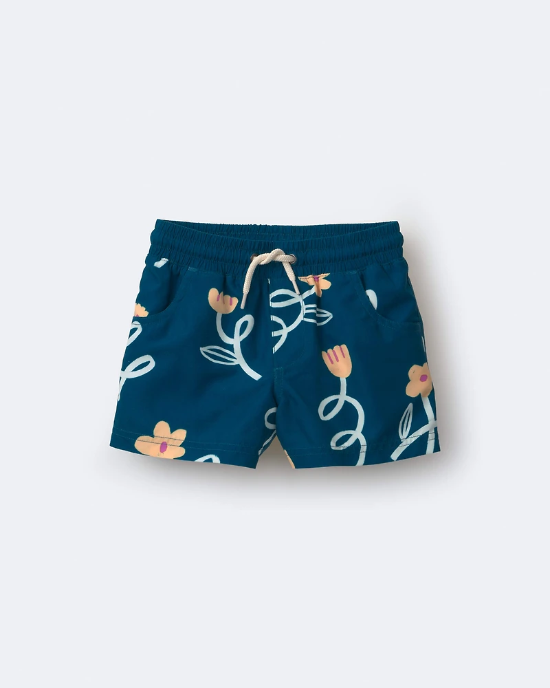 Toddler Boy Swim Trunk Floral Print - Teal