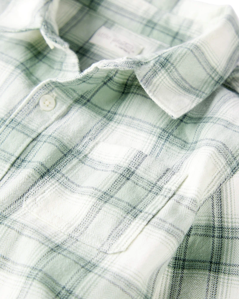 Kid Organic Cotton Herringbone Button-Front Shirt Plaid