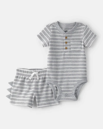 Baby Boy 2-Piece Dino Spikes Striped Thermal Short-Sleeve Bodysuit & Short Set - Grey