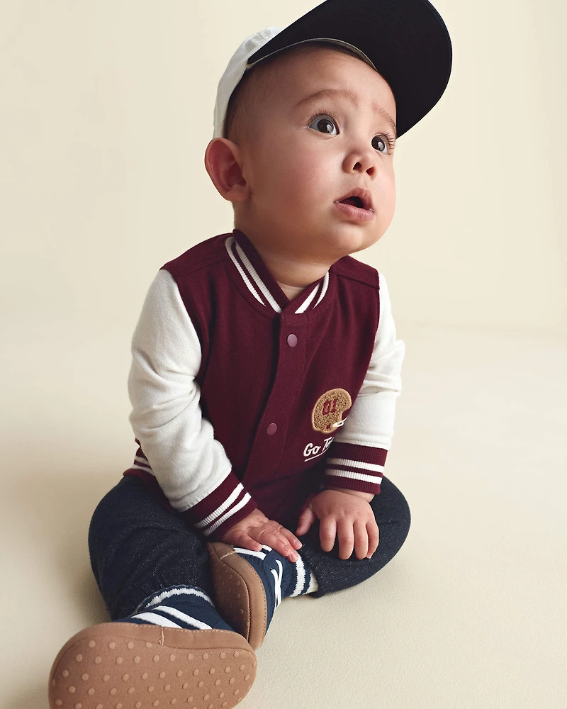 Baby Boy 3-Piece 'Go Team' Football French Terry Layering Set - Maroon