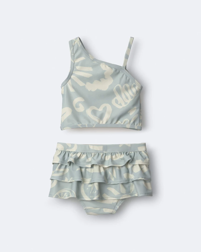 Toddler Girl Tropical One-Shoulder Ruffle Tankini Set - Sage