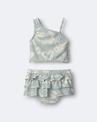 Toddler Girl Tropical One-Shoulder Ruffle Tankini Set - Sage