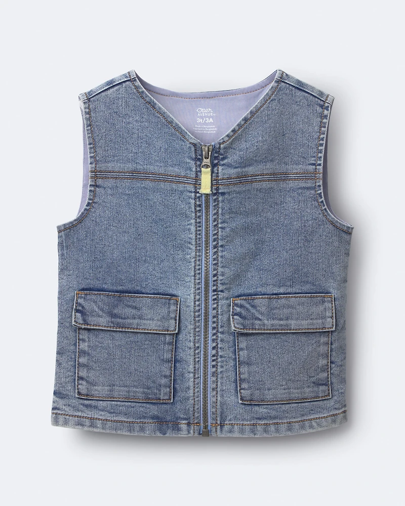Toddler Boy Zip-Up Denim Vest with Pockets Avenue Wash - Blue