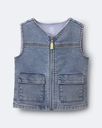 Toddler Boy Zip-Up Denim Vest with Pockets Avenue Wash - Blue