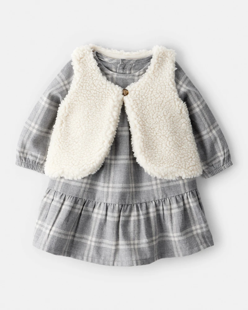 Baby Girl 2-Piece Plaid Sherpa Vest & Dress Set
