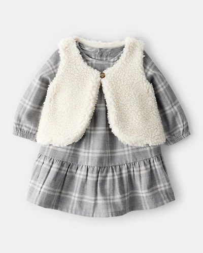 Baby Girl 2-Piece Plaid Sherpa Vest & Dress Set