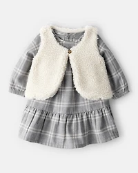 Baby Girl 2-Piece Plaid Sherpa Vest & Dress Set
