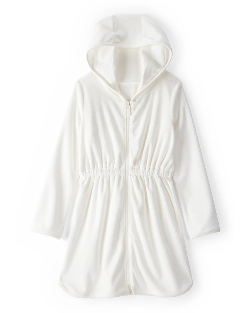 Girls Hooded Terry Cloth Swim Cover-Up Dress - White