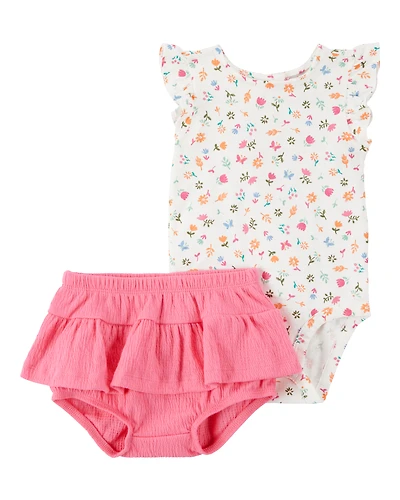 Baby Girl 2-Piece Floral Bodysuit & Diaper Cover Set - Pink