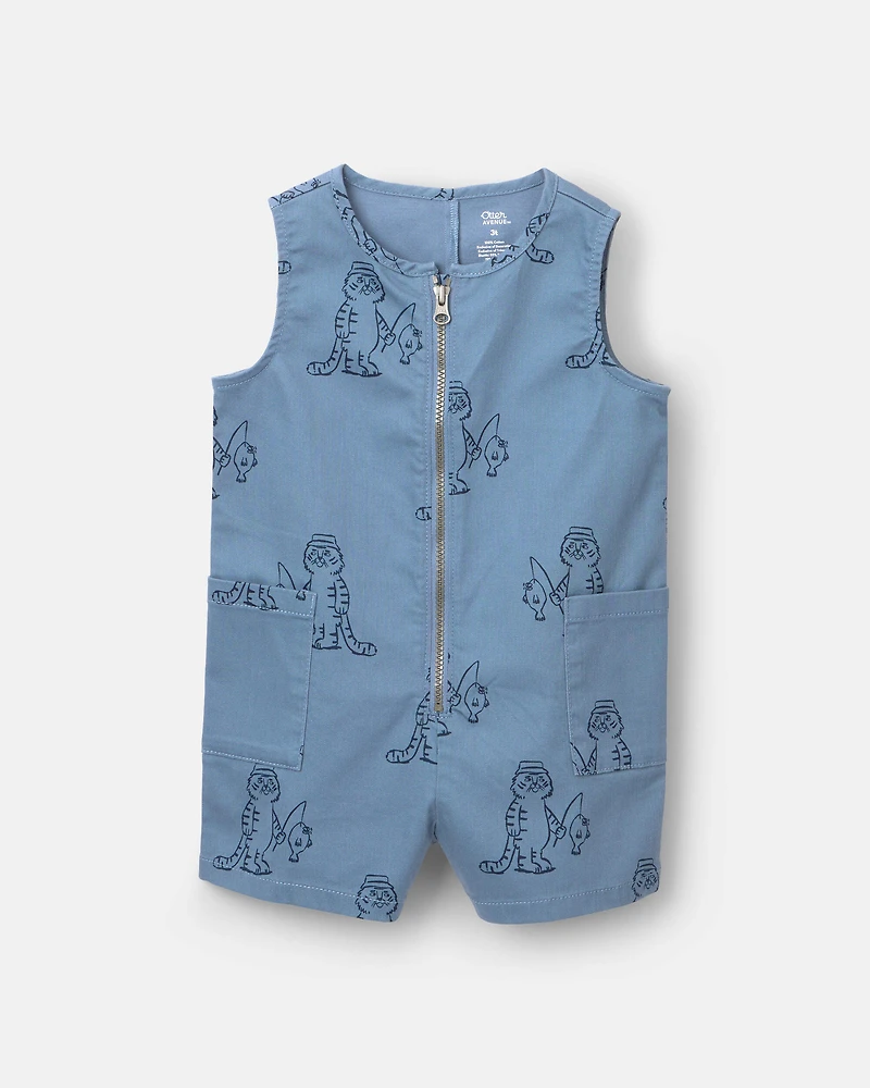 Toddler Romper with Otter Pockets Fishing Tiger Print - Slate