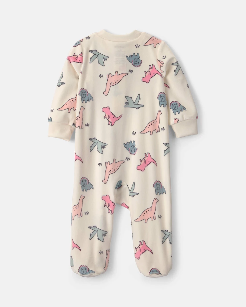 Baby Girl Dinosaur Fleece 2-Way Zip Sleeper - Cream