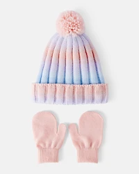 Toddler Girl Ombre Pom Winter Hat & Mittens Set