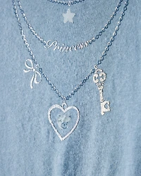 Girls Charm Necklace Long-Sleeve Graphic Tee - Blue